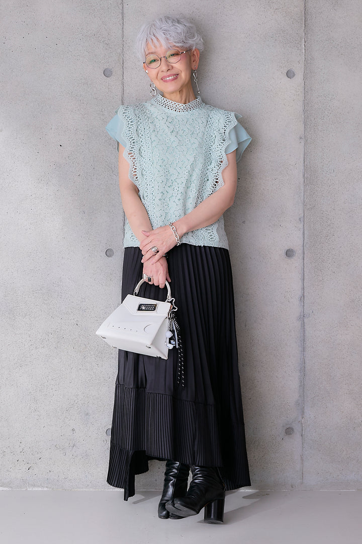 【SET】接触冷感スタンドカラーフレンチスリーブレースブラウス+アシンメトリープリーツスカート(2set)