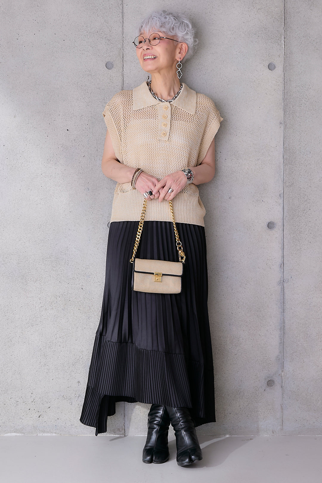 【SET】リネンライクメッシュニット+アシンメトリープリーツスカート(2set)