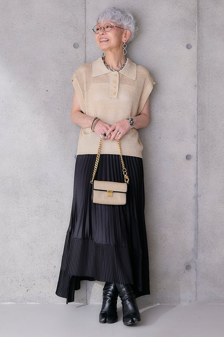 【SET】リネンライクメッシュニット+アシンメトリープリーツスカート(2set)