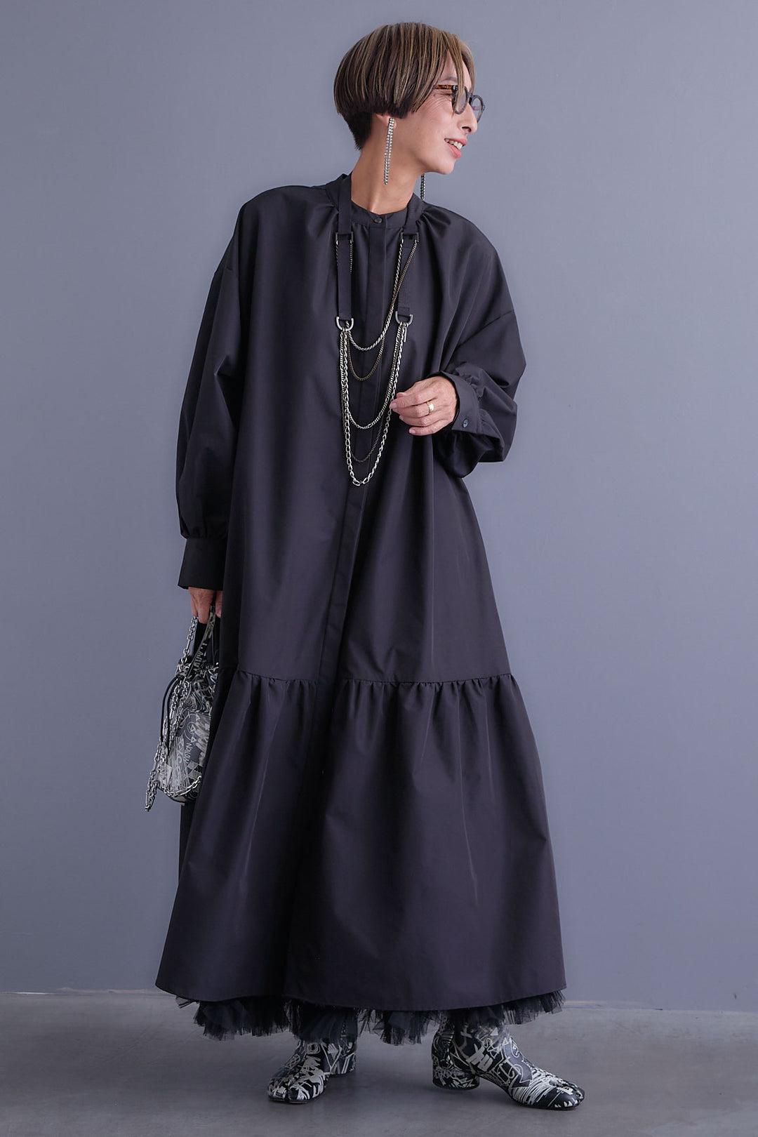 【SET】ボリュームスリーブバックシャンワンピース+フリルチュールティアードスカート(2set)