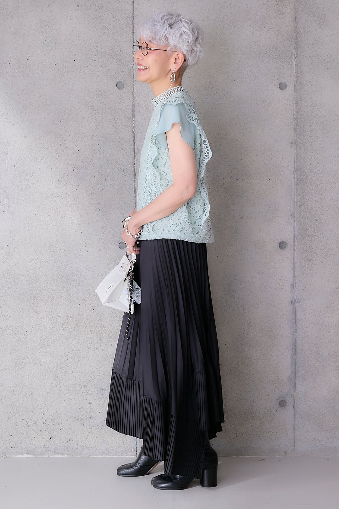 【SET】接触冷感スタンドカラーフレンチスリーブレースブラウス+アシンメトリープリーツスカート(2set)