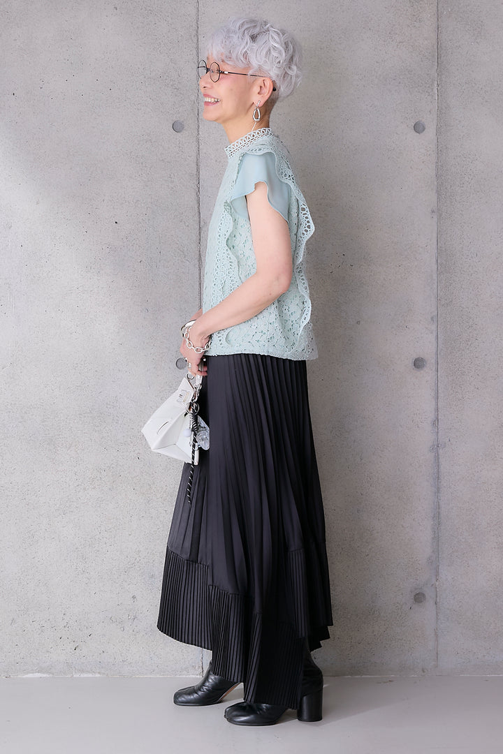 【SET】接触冷感スタンドカラーフレンチスリーブレースブラウス+アシンメトリープリーツスカート(2set)