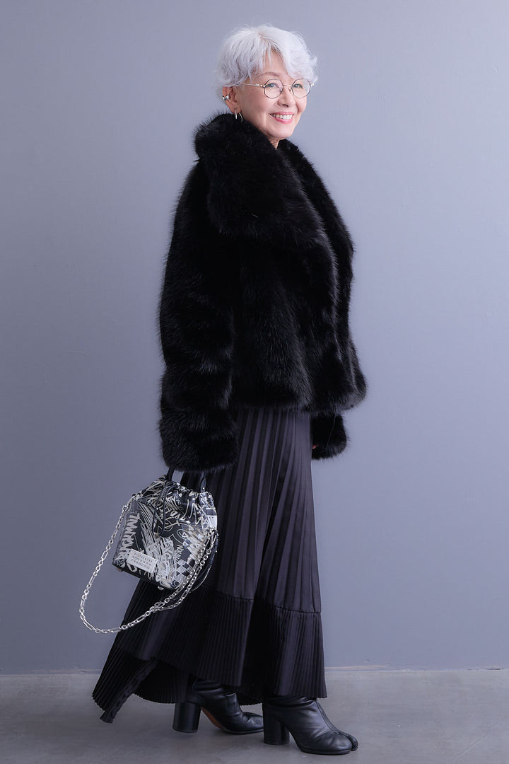 【SET】アシンメトリーロンT+オーバーカラーファーコート+アシンメトリープリーツスカート(3set)