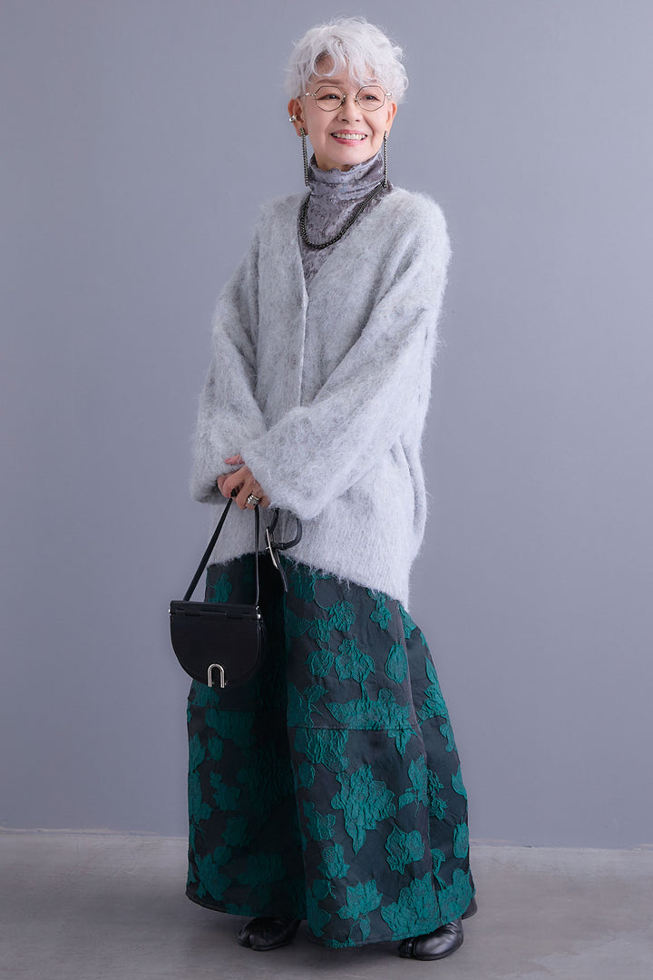 【SET】クラッシュベロアハイネックシアートップス+シャギーVネックニットカーディガン+ジャガードフラワースカート(3set)