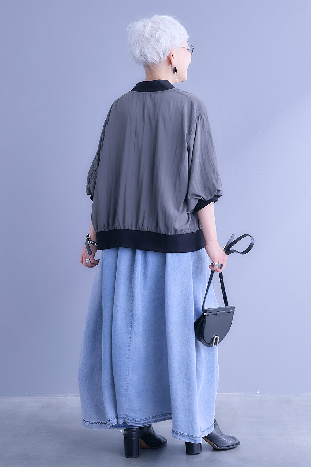 【SET】バルーンハーフスリーブMA-1ジャケット+パウダーシルクヴィンテージデニムワンピース(2set)