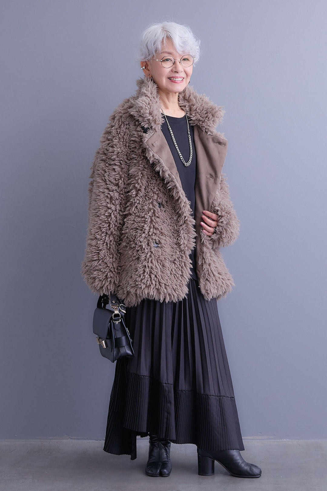 【SET】アシンメトリーロンT+プードルボア2WAYカラーコート+アシンメトリープリーツスカート(3set)