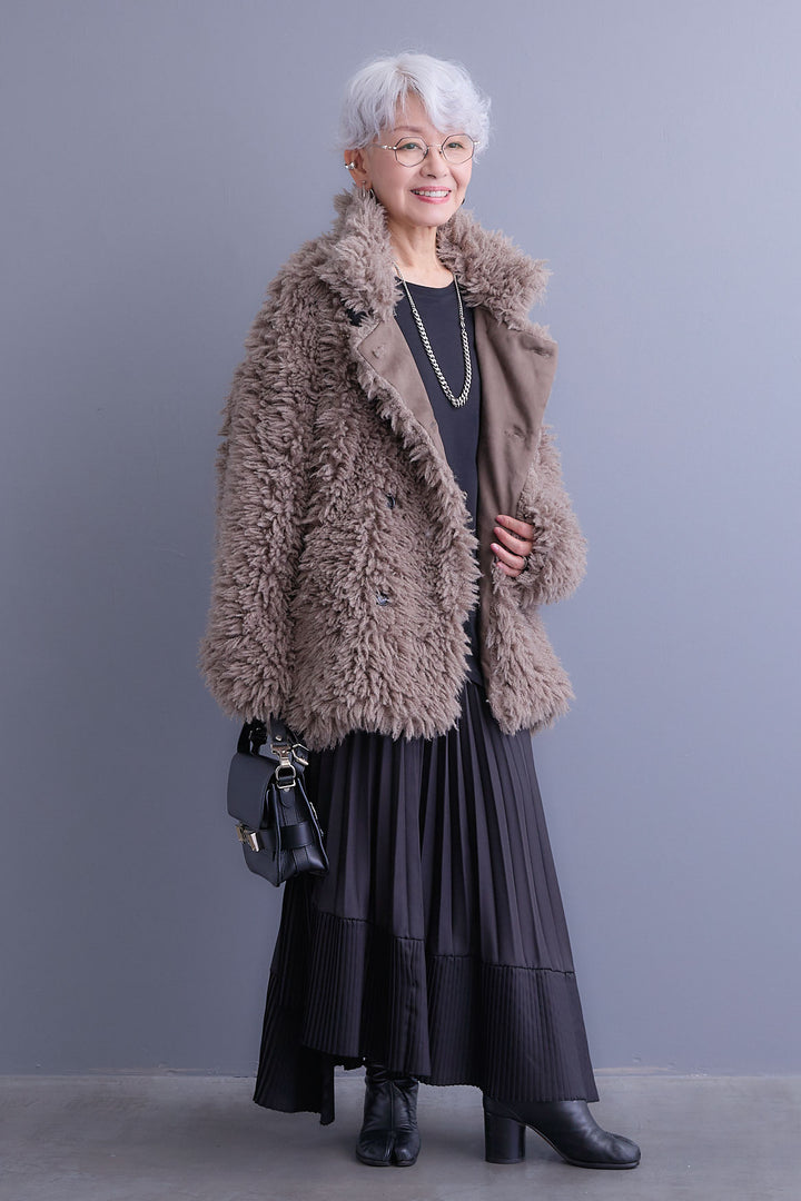 【SET】アシンメトリーロンT+プードルボア2WAYカラーコート+アシンメトリープリーツスカート(3set)