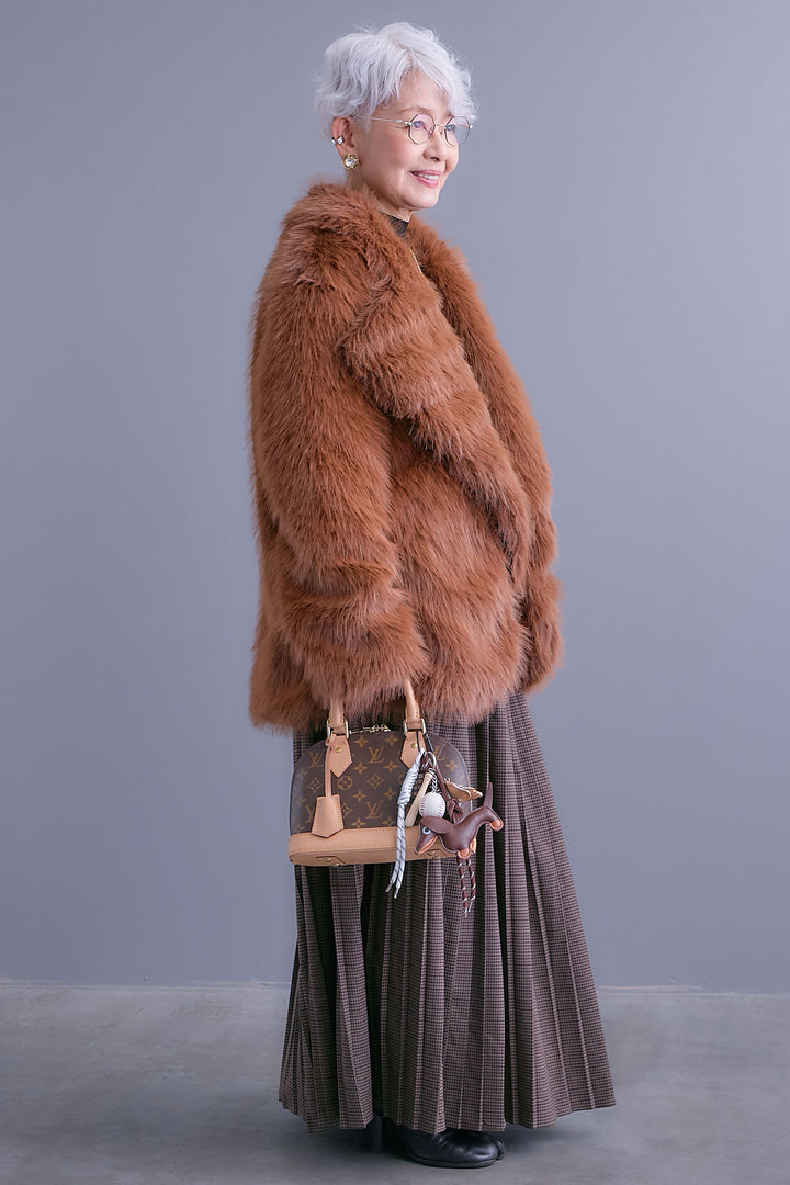 【SET】テーラードカラーファーコート+グレンチェックプリーツスカート(2set)