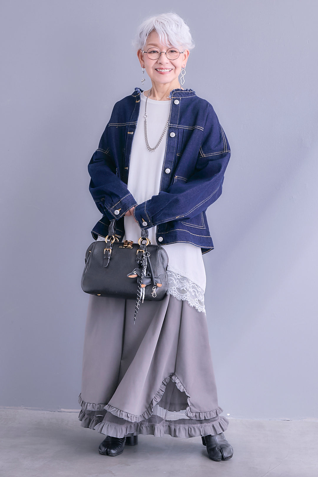 【SET】ノーカラーオーバーサイズデニムジャケット+ヘムレースアシメロンT+ヘムチュールレイヤードフリルスカート(3set)