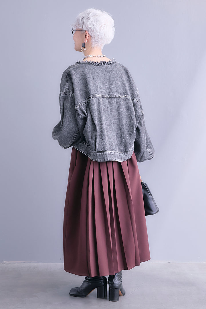 【SET】ボリュームスリーブノーカラーデニムジャケット+ワイドプリーツドッキングワンピース(2set)