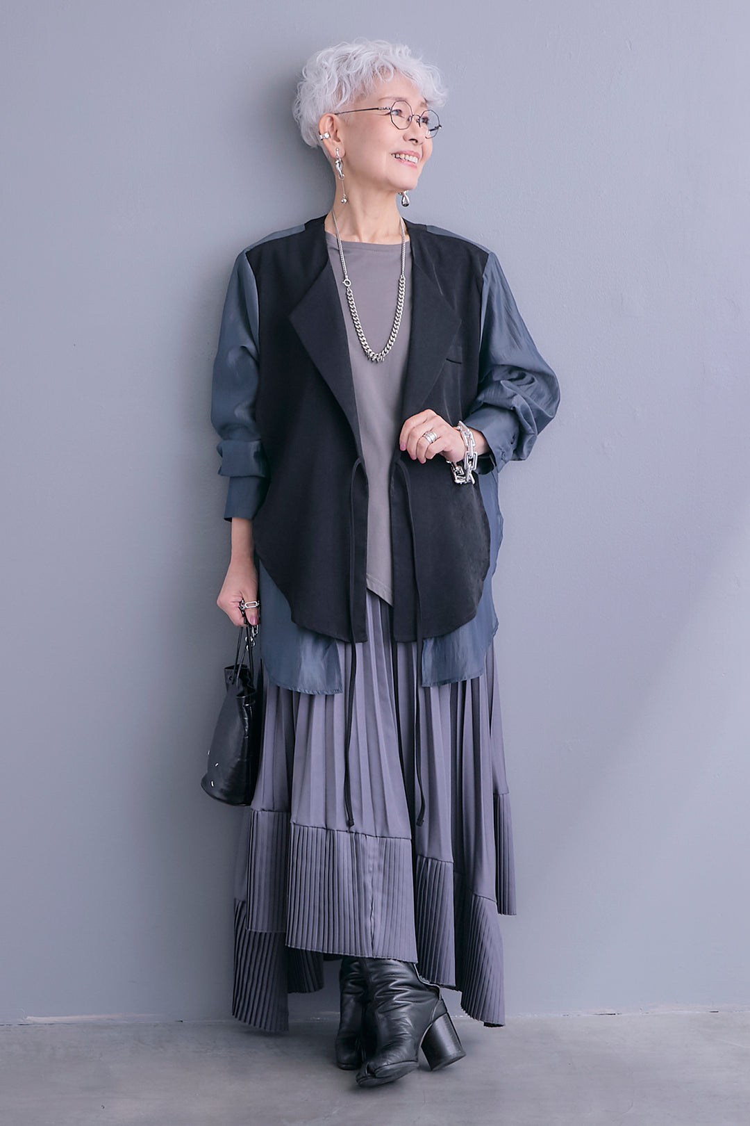 【SET】シアーシャツドッキングジャケット+アシンメトリーロンT+アシンメトリープリーツスカート(3set)