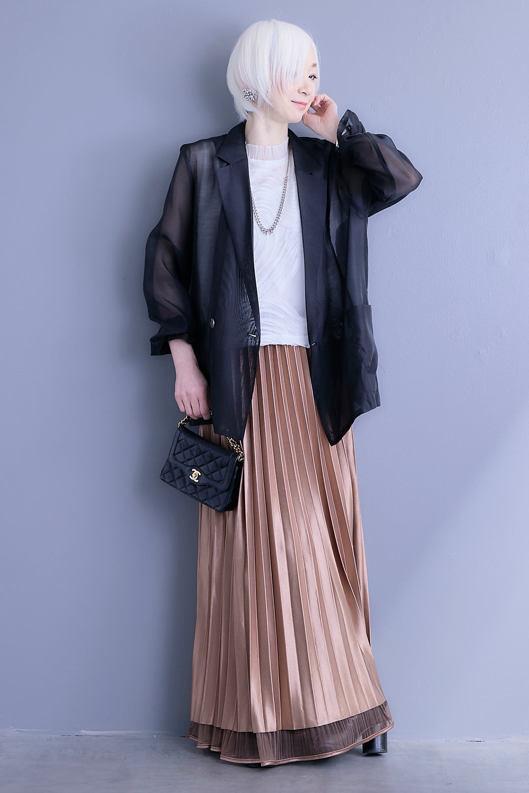 【SET】シアーポプリンダブルテーラードジャケット+ウェーブモチーフスタンドネックブラウス+2WAYラメサテンプリーツ×シアーティアードチュールスカート(3set)