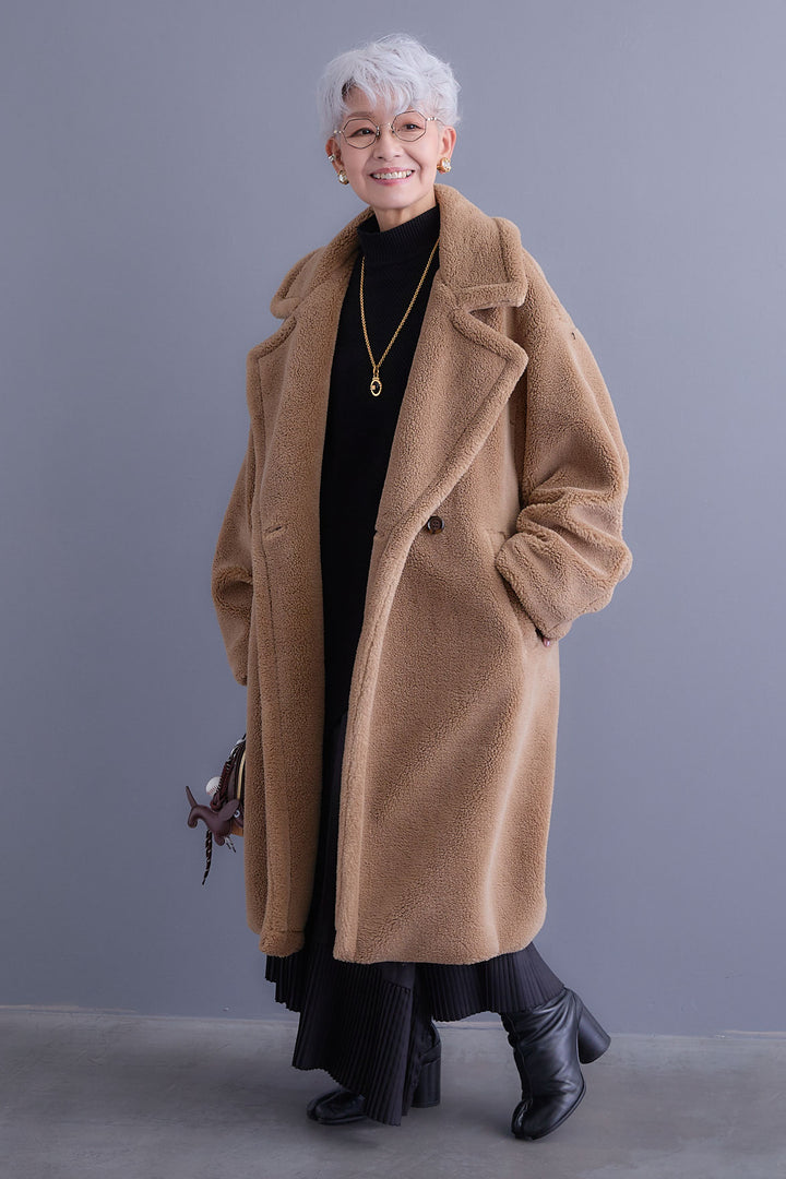 【SET】アシンメトリーオーバーニット+テディボアロングコート+アシンメトリープリーツスカート(3set)