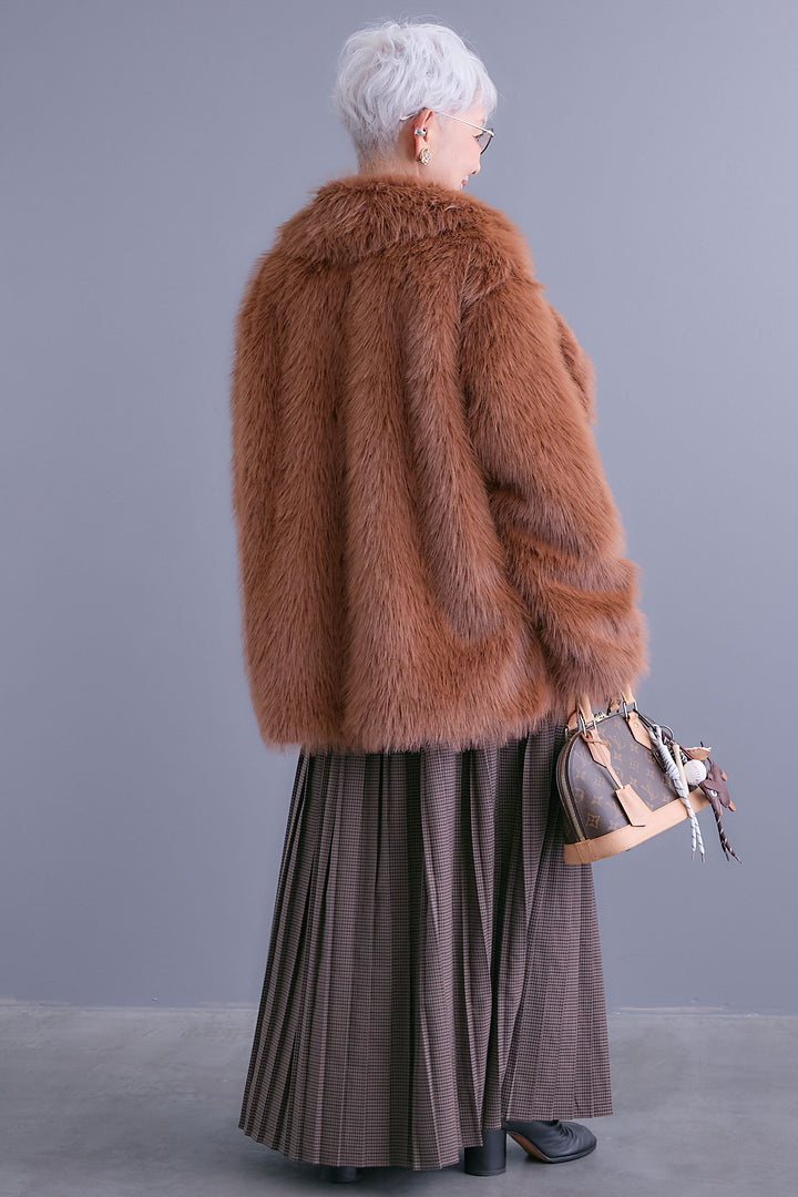 【SET】テーラードカラーファーコート+グレンチェックプリーツスカート(2set)