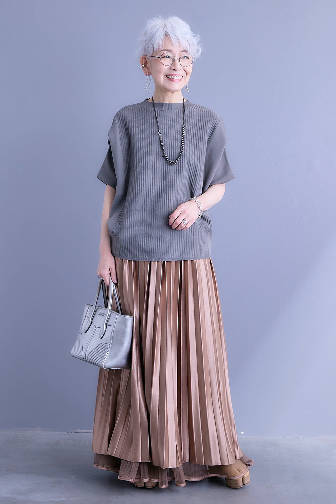 【SET】アップスリーブニットプルオーバー+2WAYラメサテンプリーツ×シアーティアードチュールスカート(2set)