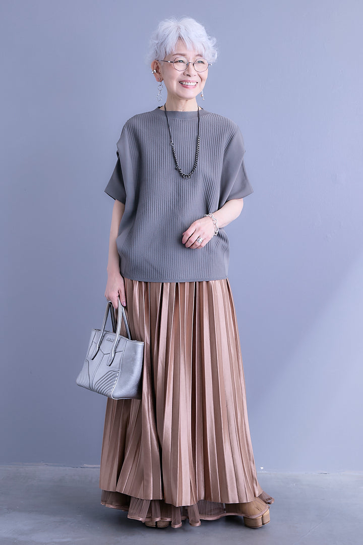 【SET】アップスリーブニットプルオーバー+2WAYラメサテンプリーツ×シアーティアードチュールスカート(2set)