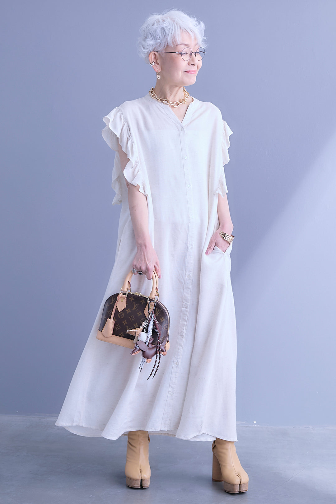 【予約】綿麻レーヨンフリルスリーブスキッパーシャツワンピース