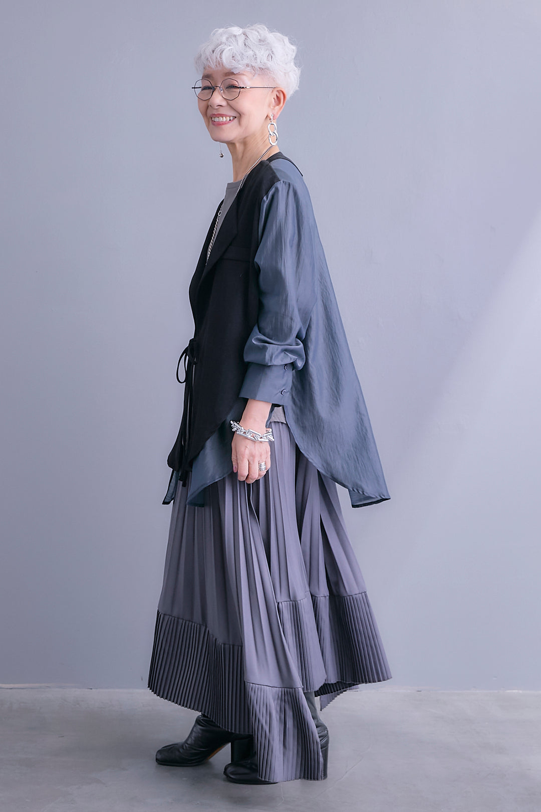 【SET】シアーシャツドッキングジャケット+アシンメトリーロンT+アシンメトリープリーツスカート(3set)