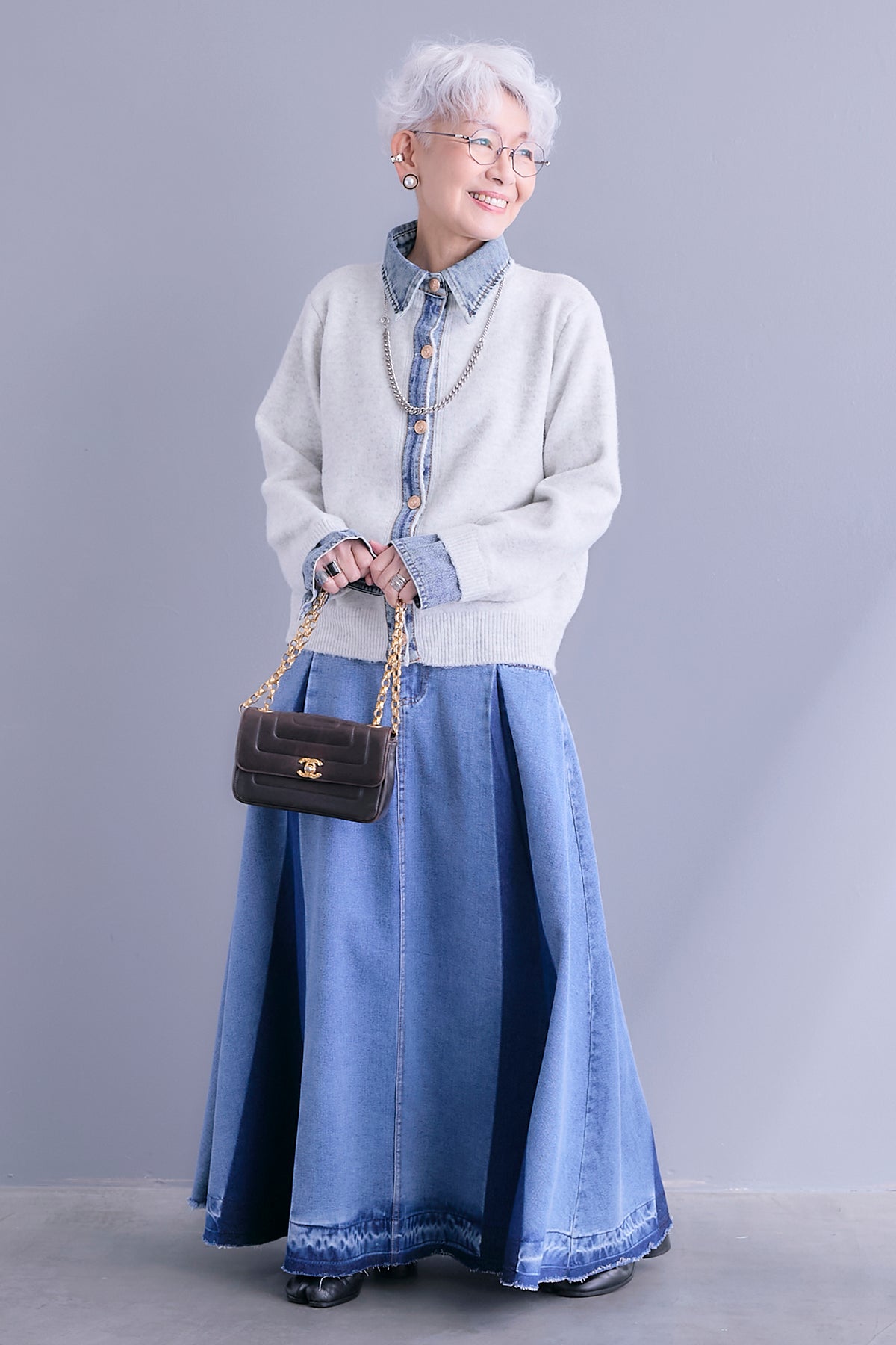 SET】デニムコンビニットカーディガン+プリーツタックデニムスカート