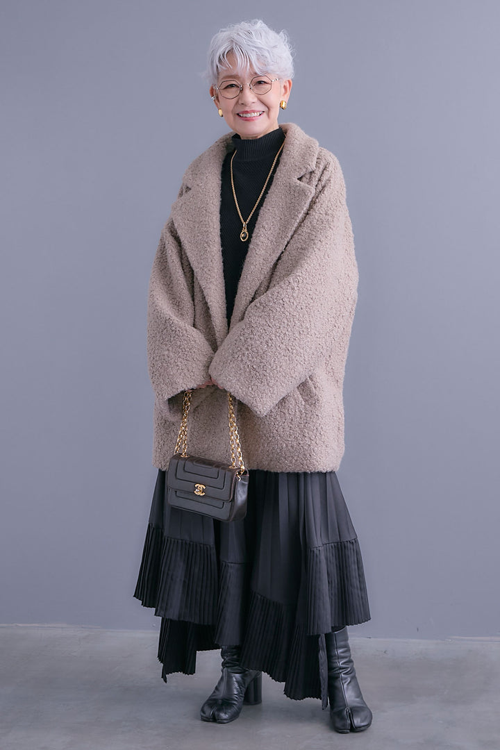 【SET】アシンメトリーオーバーニット+ブークレーテーラードコート+アシンメトリープリーツスカート(3set)