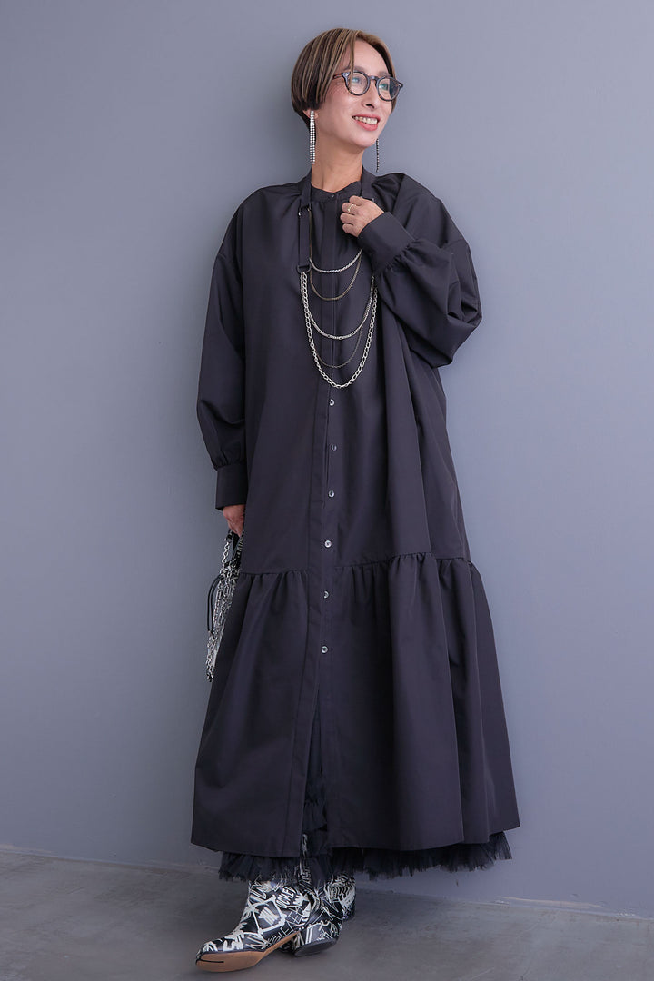 【SET】ボリュームスリーブバックシャンワンピース+フリルチュールティアードスカート(2set)