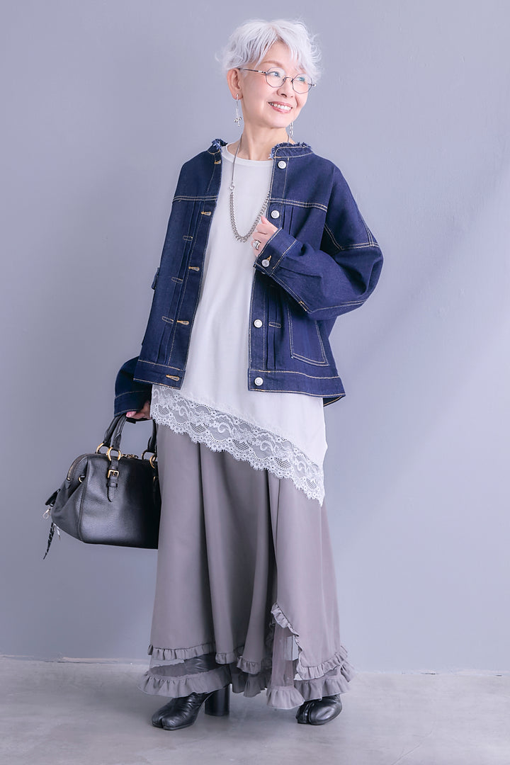 【SET】ノーカラーオーバーサイズデニムジャケット+ヘムレースアシメロンT+ヘムチュールレイヤードフリルスカート(3set)