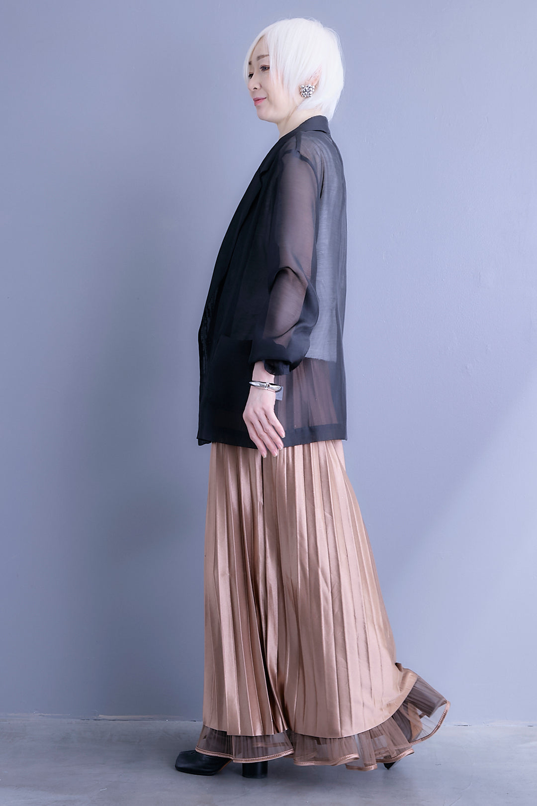 【SET】シアーポプリンダブルテーラードジャケット+ウェーブモチーフスタンドネックブラウス+2WAYラメサテンプリーツ×シアーティアードチュールスカート(3set)