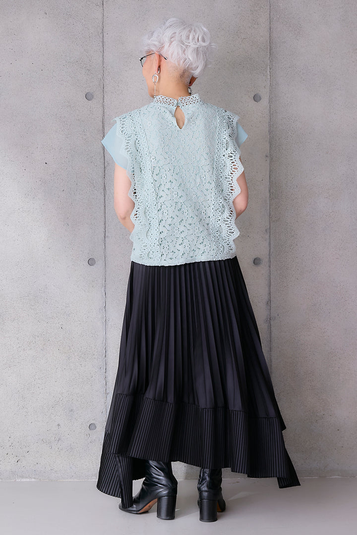 【SET】接触冷感スタンドカラーフレンチスリーブレースブラウス+アシンメトリープリーツスカート(2set)