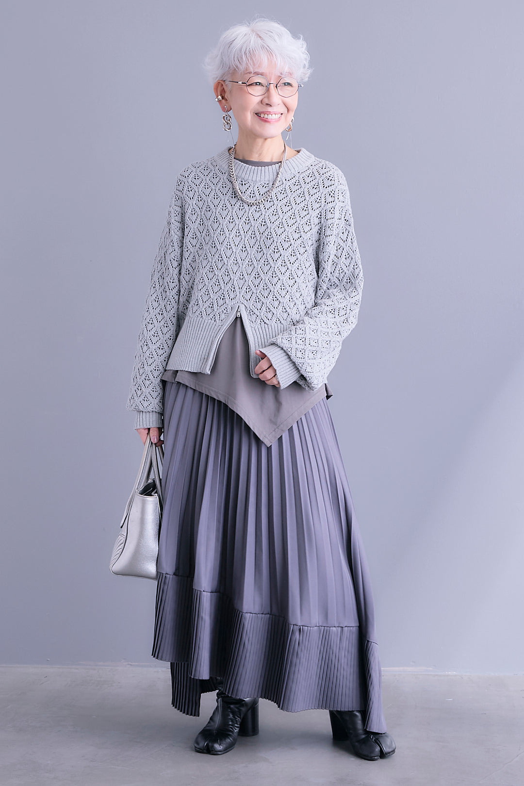 【SET】透かし編みフロントZIPニット+アシンメトリーロンT+アシンメトリープリーツスカート(3set)