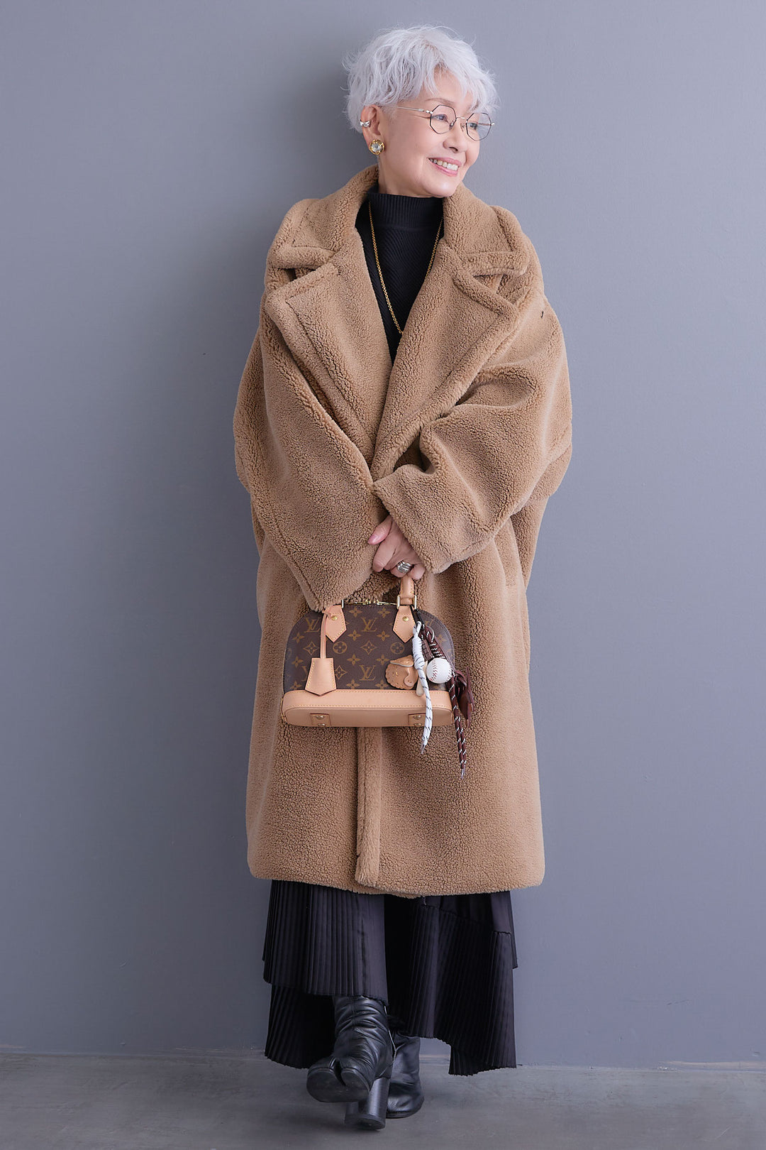 【SET】アシンメトリーオーバーニット+テディボアロングコート+アシンメトリープリーツスカート(3set)