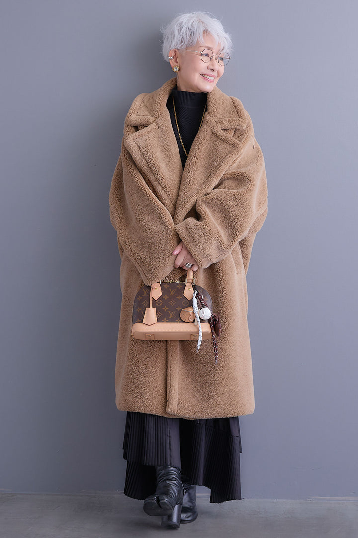 【SET】アシンメトリーオーバーニット+テディボアロングコート+アシンメトリープリーツスカート(3set)