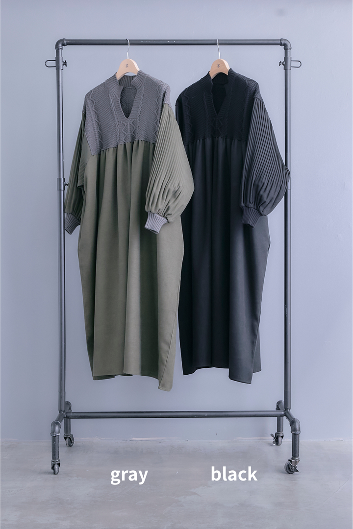 【予約】コーデュロイ×ニットコンビキーネックワンピース