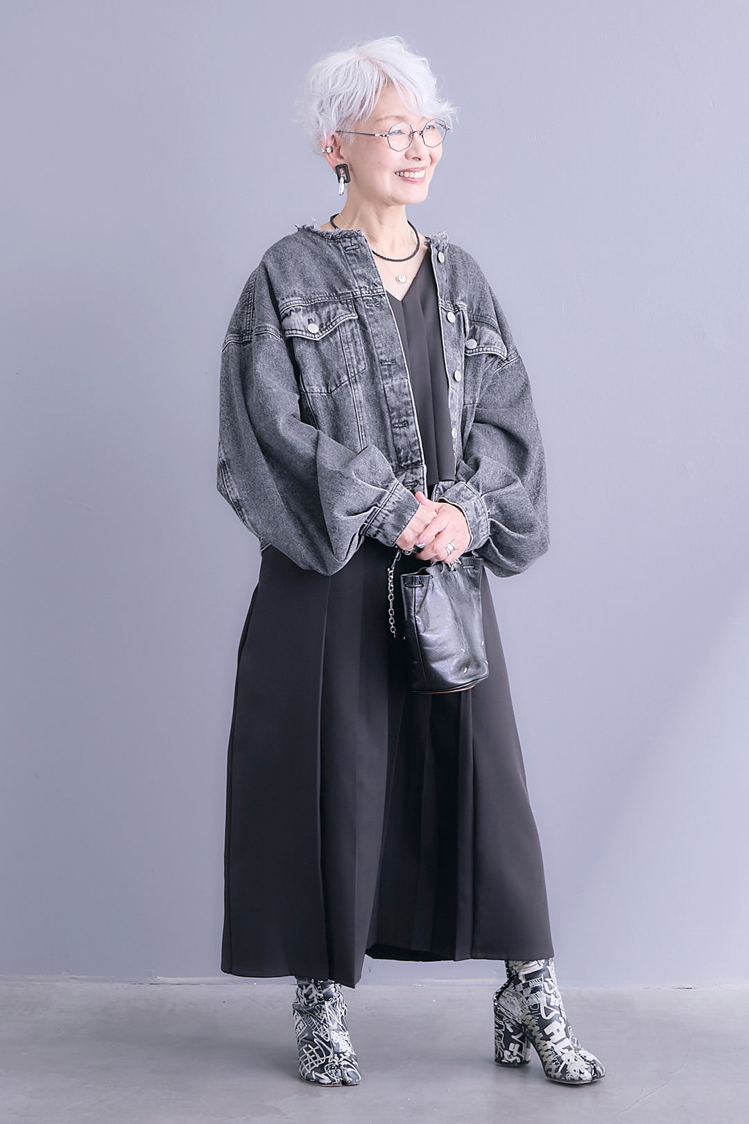 【SET】ボリュームスリーブノーカラーデニムジャケット+ワイドプリーツドッキングワンピース(2set)
