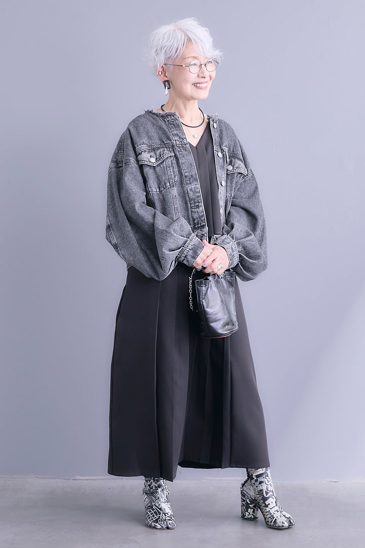 【SET】ボリュームスリーブノーカラーデニムジャケット+ワイドプリーツドッキングワンピース(2set)