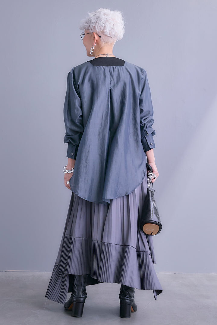 【SET】シアーシャツドッキングジャケット+アシンメトリーロンT+アシンメトリープリーツスカート(3set)