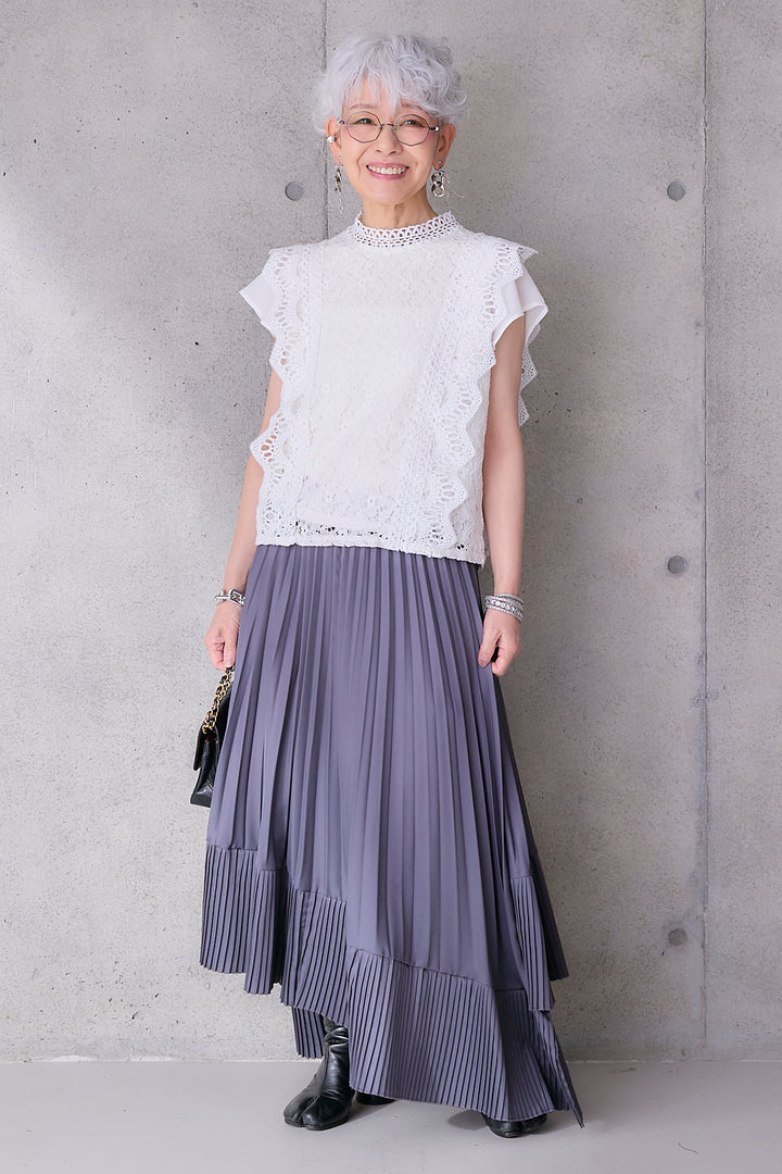 【SET】接触冷感スタンドカラーフレンチスリーブレースブラウス+アシンメトリープリーツスカート(2set)