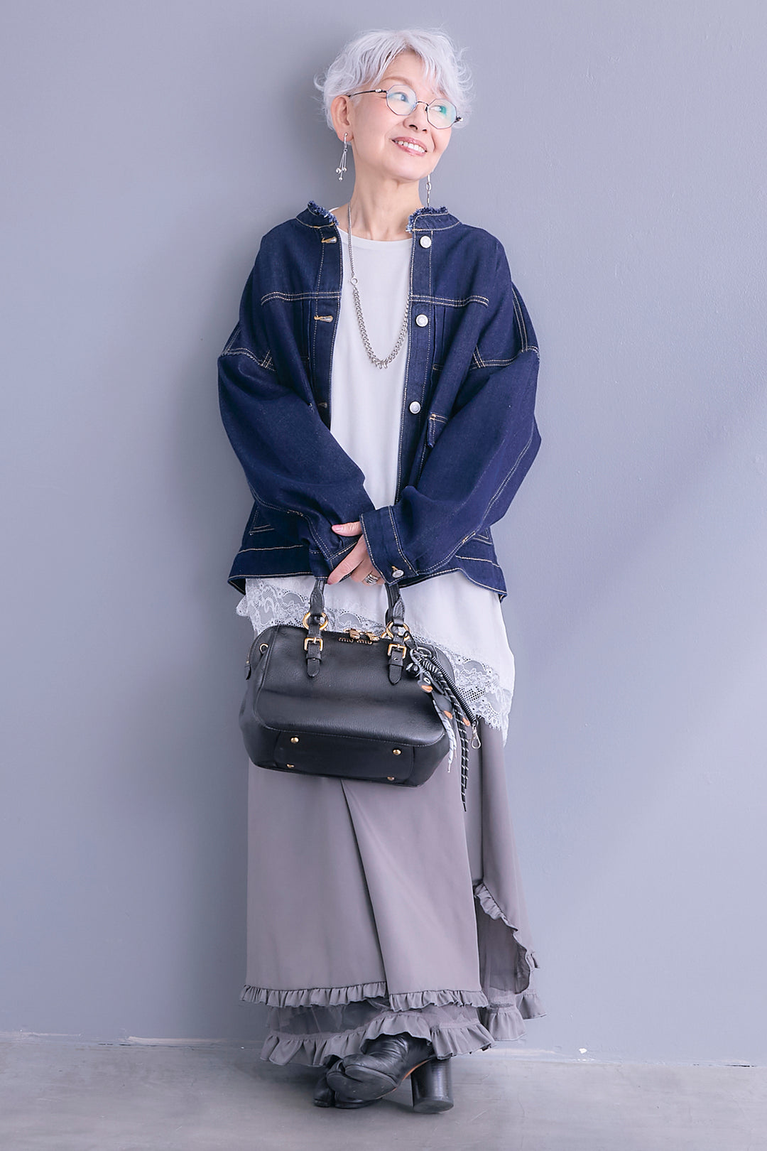 【SET】ノーカラーオーバーサイズデニムジャケット+ヘムレースアシメロンT+ヘムチュールレイヤードフリルスカート(3set)