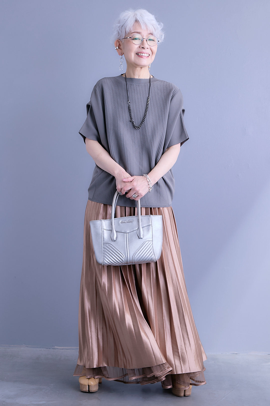 【SET】アップスリーブニットプルオーバー+2WAYラメサテンプリーツ×シアーティアードチュールスカート(2set)