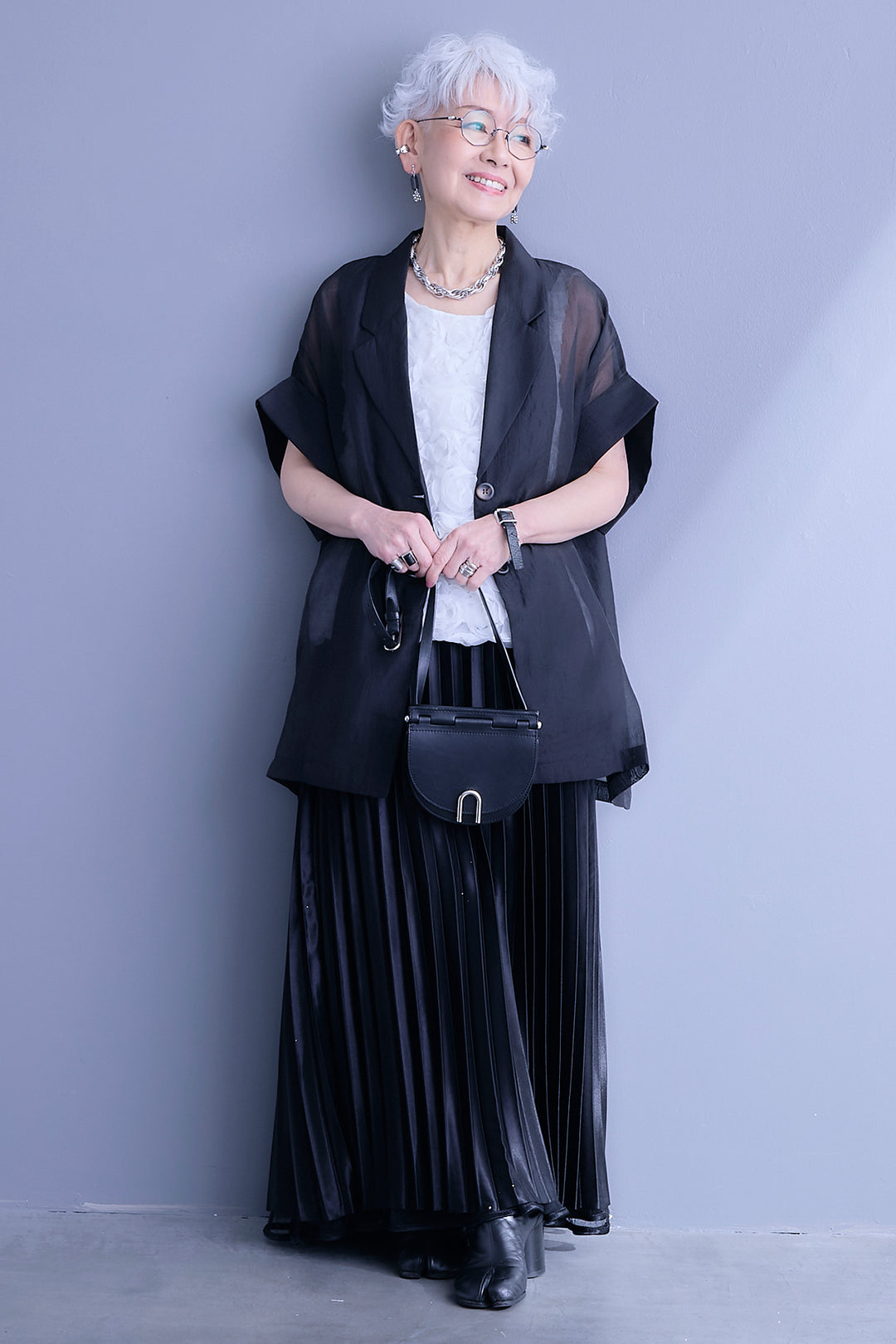 【SET】オーガンジーシアーハーフスリーブテーラードジャケット+ローズモチーフノースリトップス+2WAYラメサテンプリーツ×シアーティアードチュールスカート(3set)