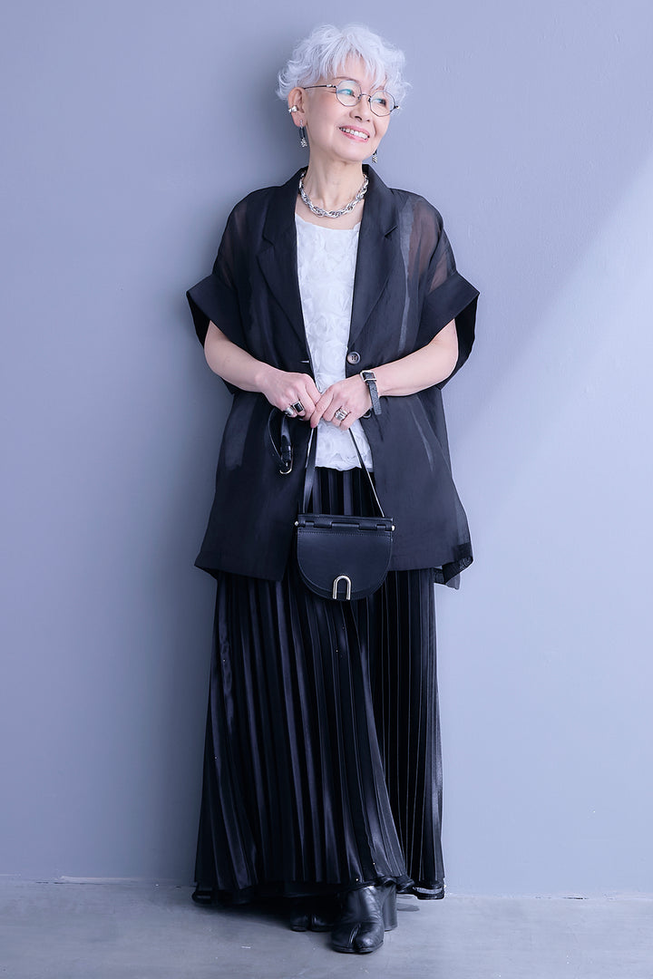 【SET】オーガンジーシアーハーフスリーブテーラードジャケット+ローズモチーフノースリトップス+2WAYラメサテンプリーツ×シアーティアードチュールスカート(3set)