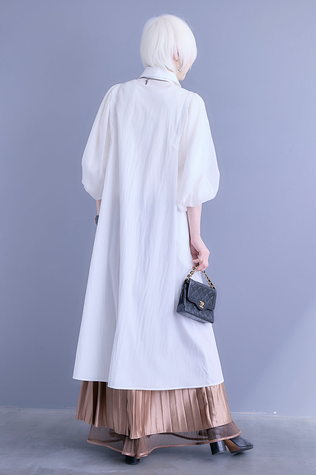 【SET】バルーンスリーブシャツワンピース+2WAYラメサテンプリーツ×シアーティアードチュールスカート(2set)