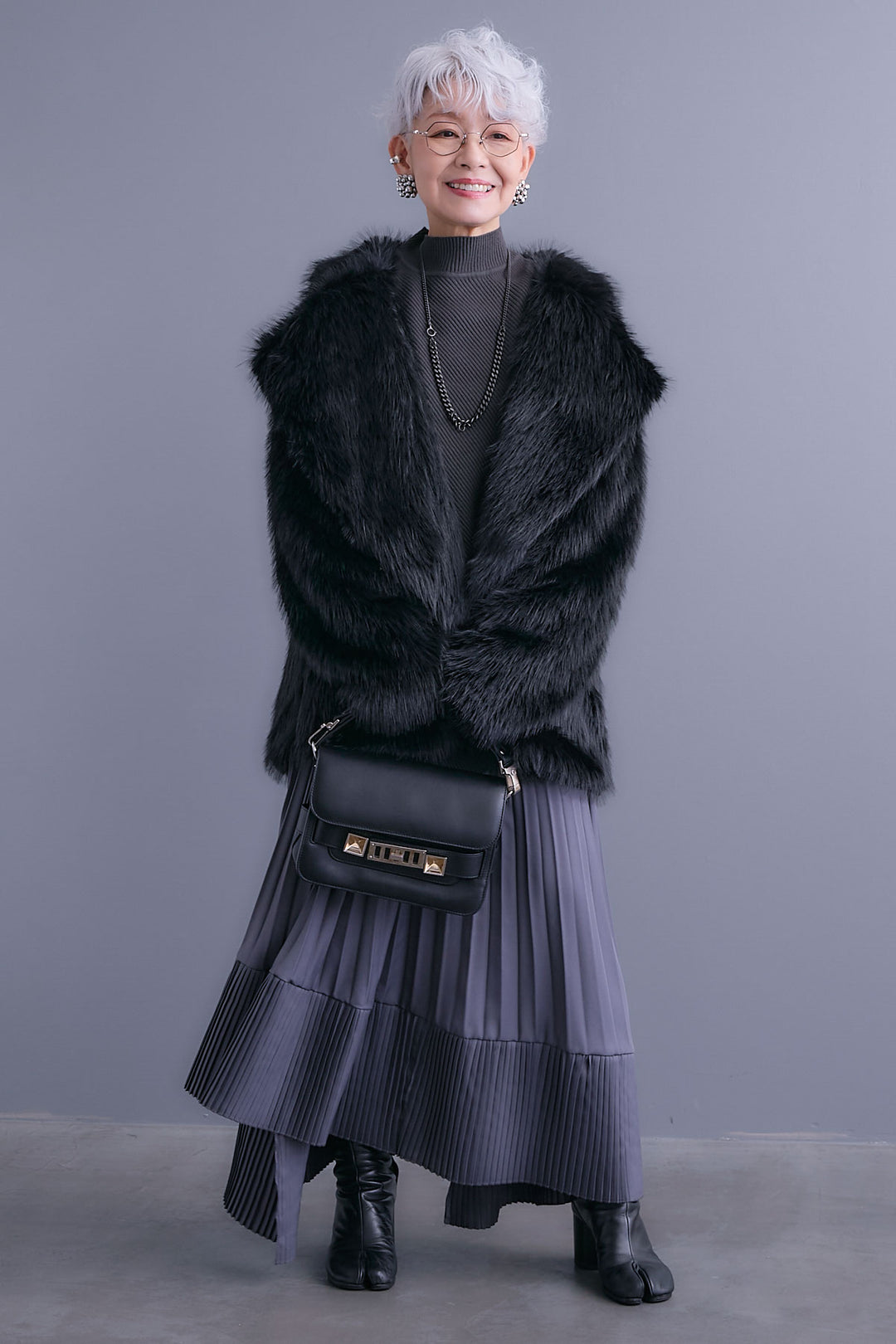 【SET】アシンメトリーオーバーニット+テーラードカラーファーコート+アシンメトリープリーツスカート(3set)