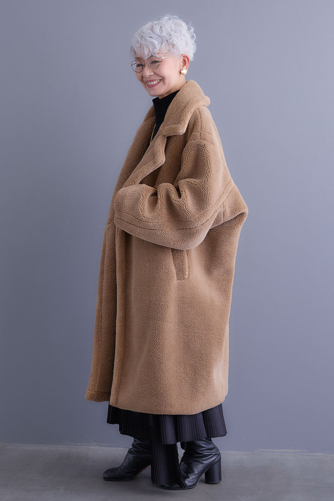 【SET】アシンメトリーオーバーニット+テディボアロングコート+アシンメトリープリーツスカート(3set)