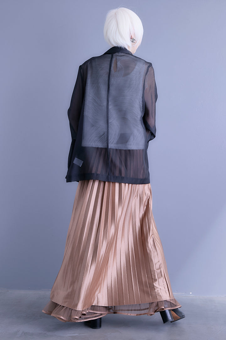 【SET】シアーポプリンダブルテーラードジャケット+ウェーブモチーフスタンドネックブラウス+2WAYラメサテンプリーツ×シアーティアードチュールスカート(3set)