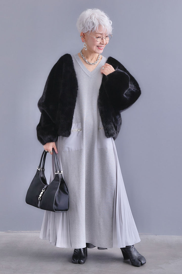 【SET】ZIPポケットサイドプリーツニットワンピース+ノーカラーラウンドシルエットファーコート(2set)