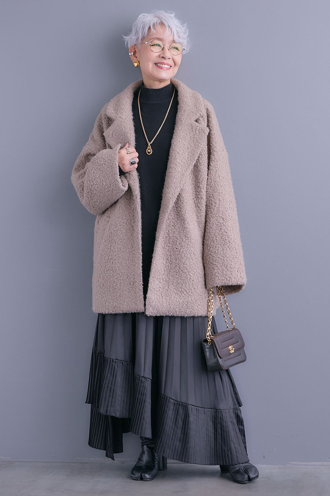 【SET】アシンメトリーオーバーニット+ブークレーテーラードコート+アシンメトリープリーツスカート(3set)