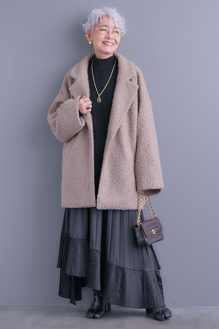 【SET】アシンメトリーオーバーニット+ブークレーテーラードコート+アシンメトリープリーツスカート(3set)