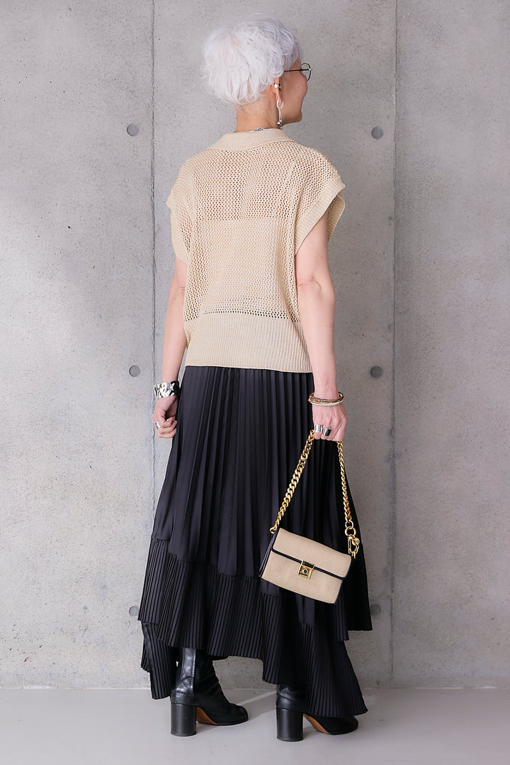 【SET】リネンライクメッシュニット+アシンメトリープリーツスカート(2set)