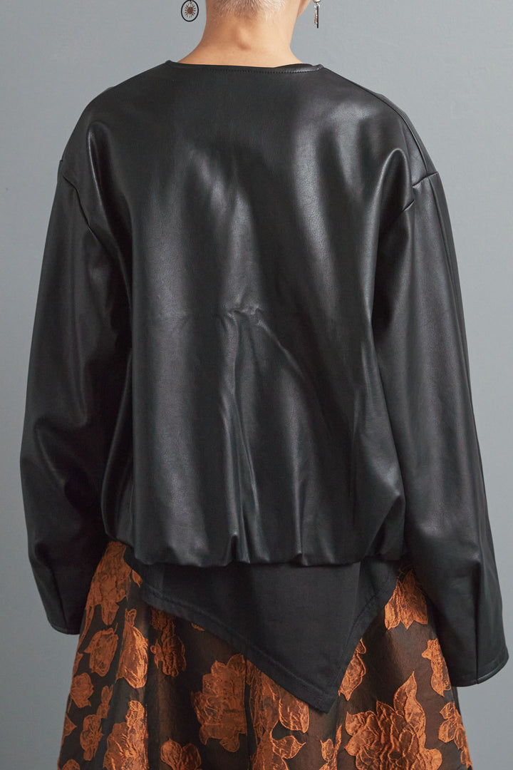 【SET】ビジューニットセットアップ+ラウンドシルエットエコレザーノーカラージャケット(2set)