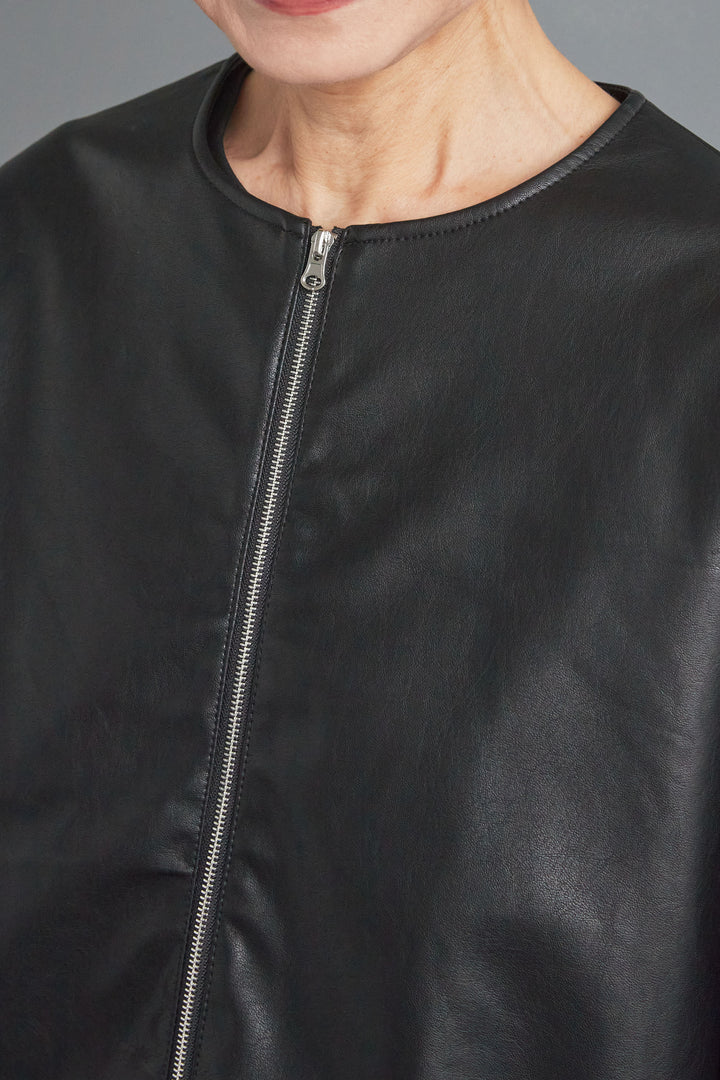 【SET】ビジューニットセットアップ+ラウンドシルエットエコレザーノーカラージャケット(2set)